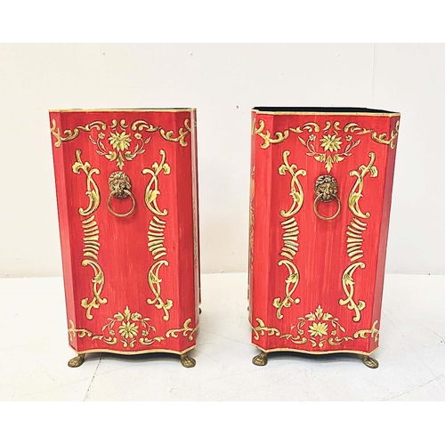 348 - UMBRELLA STANDS, a pair, Regency style red and gold toleware style, 46cm H x 24cm W x 24cm D. (2)