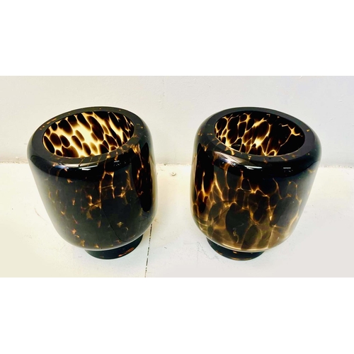 349 - VASES, a pair, tortoiseshell style glass, 25cm H 19cm W x 19cm D. (2)