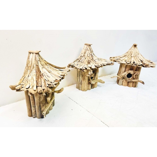 350 - BIRD HOUSES, a set of three, Oriental style driftwood, 50cm H x 40cm W x 24cm D. (3)