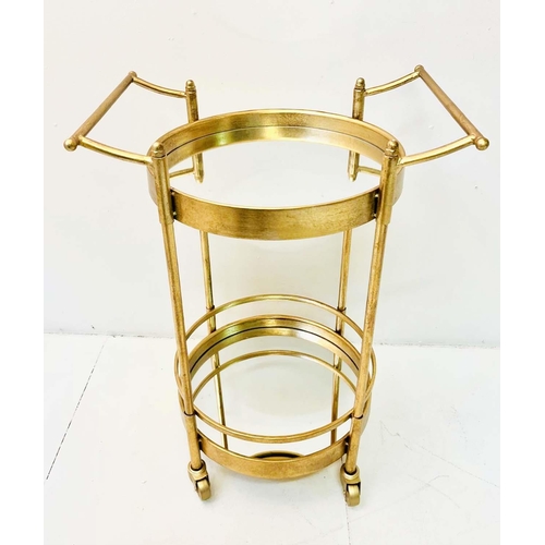 352 - DRINKS TROLLEY, gilt metal circular mirrored tiers, 75cm H x 51cm W x 40cm D.