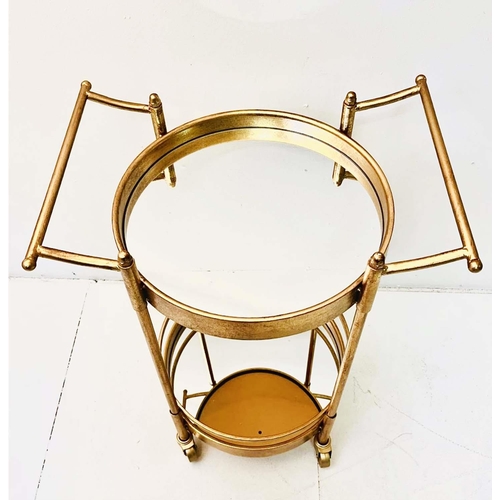 352 - DRINKS TROLLEY, gilt metal circular mirrored tiers, 75cm H x 51cm W x 40cm D.