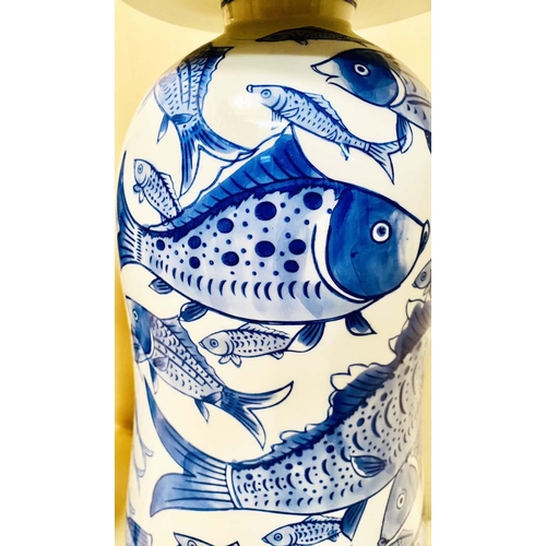 358 - GINGER JARS, a pair, Chinese style blue and white ceramic with carp decoration, 44cm H x 17cm W. (2)