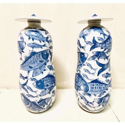 358 - GINGER JARS, a pair, Chinese style blue and white ceramic with carp decoration, 44cm H x 17cm W. (2)