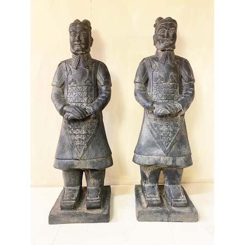 359 - TERRACOTTA STYLE WARRIOR FIGURES, a pair, painted resin, 120cm H x 34cm W x 34cm D. (2)