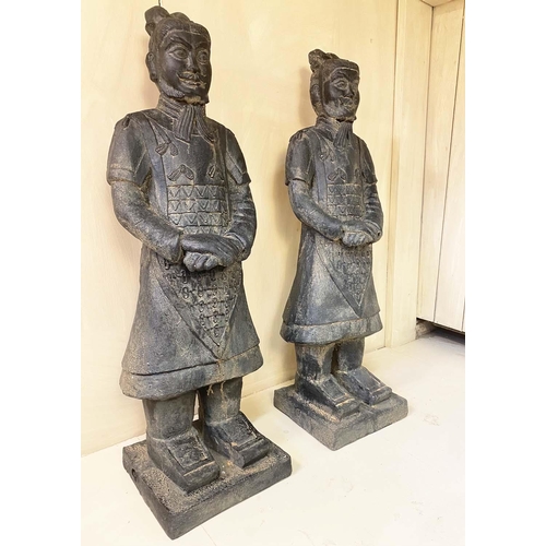 359 - TERRACOTTA STYLE WARRIOR FIGURES, a pair, painted resin, 120cm H x 34cm W x 34cm D. (2)