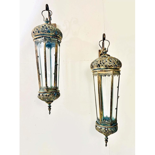 361 - WALL HANGING LANTERNS, a pair, Regency style, faux verdigris finish metal and glass, 110cm H x 23cm ... 