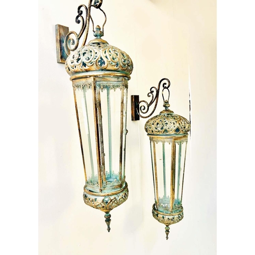 361 - WALL HANGING LANTERNS, a pair, Regency style, faux verdigris finish metal and glass, 110cm H x 23cm ... 