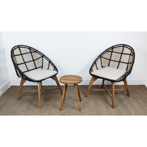 374 - GARDEN COCKTAIL SET, including, pair of chairs, 87cm H approx, with cushions, and small table, 46cm ... 