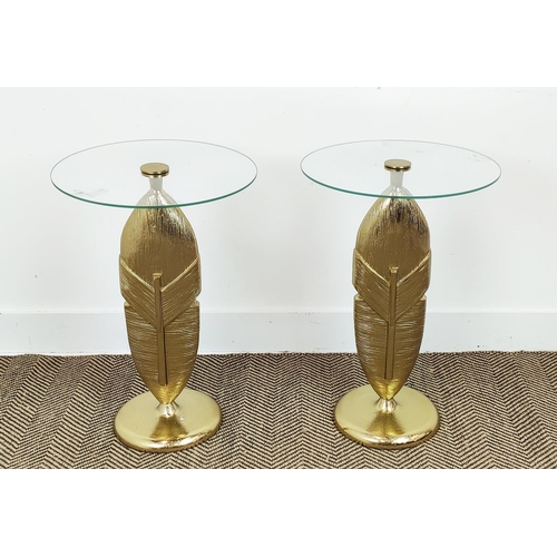 375 - SIDE TABLES, a pair, feather design bases, glass tops, 61cm H x 41cm approx. (2)