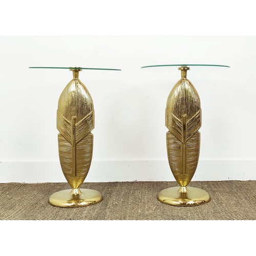 375 - SIDE TABLES, a pair, feather design bases, glass tops, 61cm H x 41cm approx. (2)