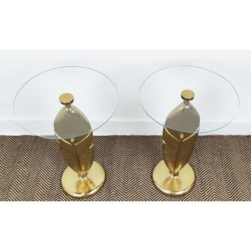 375 - SIDE TABLES, a pair, feather design bases, glass tops, 61cm H x 41cm approx. (2)