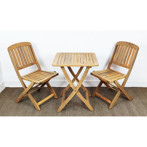 380 - GARDEN DINING SET, including table, 60cm x 60cm x 74cm, and two chairs, 90cm H. (3)