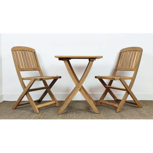 380 - GARDEN DINING SET, including table, 60cm x 60cm x 74cm, and two chairs, 90cm H. (3)