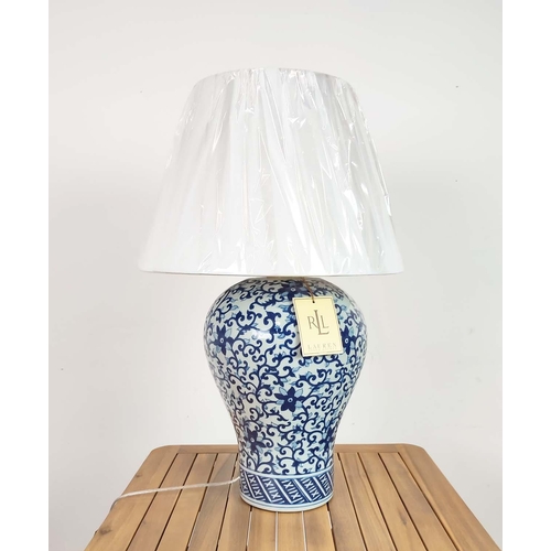 384 - LAUREN RALPH LAUREN HOME TABLE LAMP, blue and white glazed ceramic, with shade, 68cm H approx.