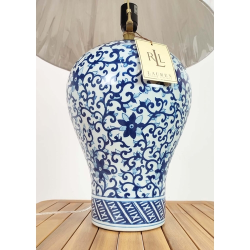 384 - LAUREN RALPH LAUREN HOME TABLE LAMP, blue and white glazed ceramic, with shade, 68cm H approx.