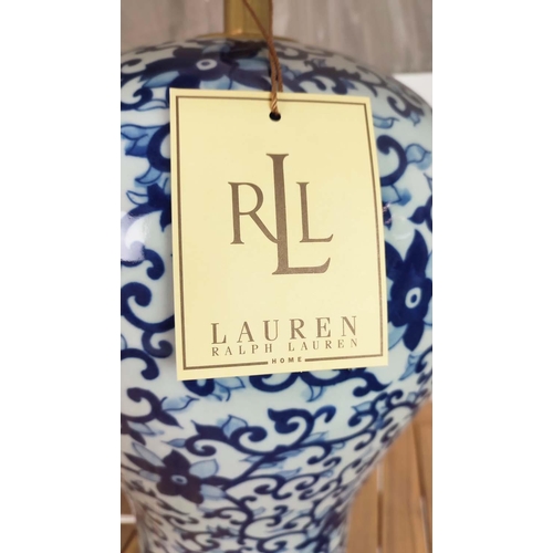 384 - LAUREN RALPH LAUREN HOME TABLE LAMP, blue and white glazed ceramic, with shade, 68cm H approx.