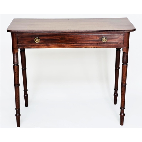 81 - WRITING TABLE, George III period mahogany, with single full width frieze drawer and ring turned tape... 