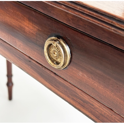 81 - WRITING TABLE, George III period mahogany, with single full width frieze drawer and ring turned tape... 