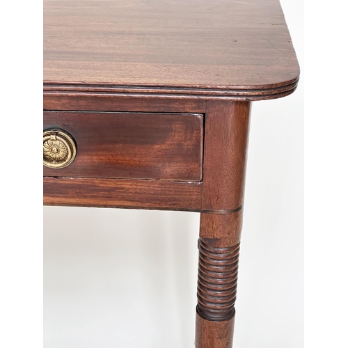 81 - WRITING TABLE, George III period mahogany, with single full width frieze drawer and ring turned tape... 