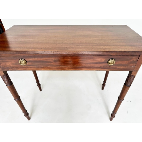 81 - WRITING TABLE, George III period mahogany, with single full width frieze drawer and ring turned tape... 