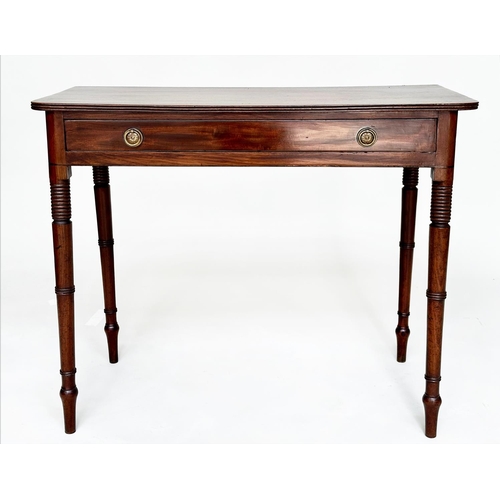 81 - WRITING TABLE, George III period mahogany, with single full width frieze drawer and ring turned tape... 