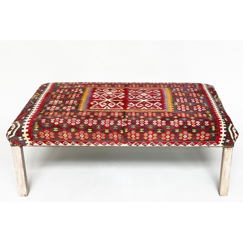 82 - KELIM HEARTH STOOL, antique mahogany rectangular kelim upholstered, 123cm W x 43cm H x 72cm D.