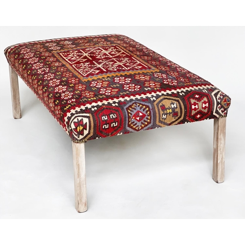 82 - KELIM HEARTH STOOL, antique mahogany rectangular kelim upholstered, 123cm W x 43cm H x 72cm D.