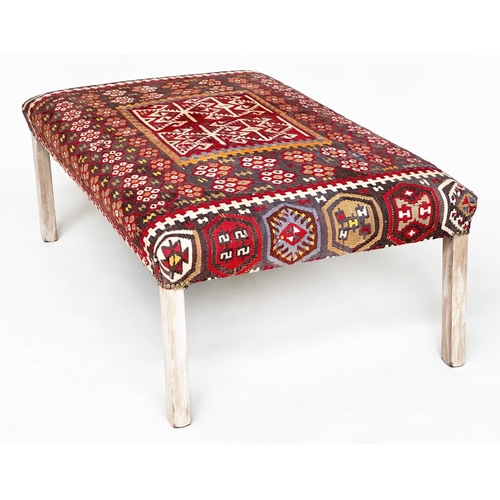 82 - KELIM HEARTH STOOL, antique mahogany rectangular kelim upholstered, 123cm W x 43cm H x 72cm D.