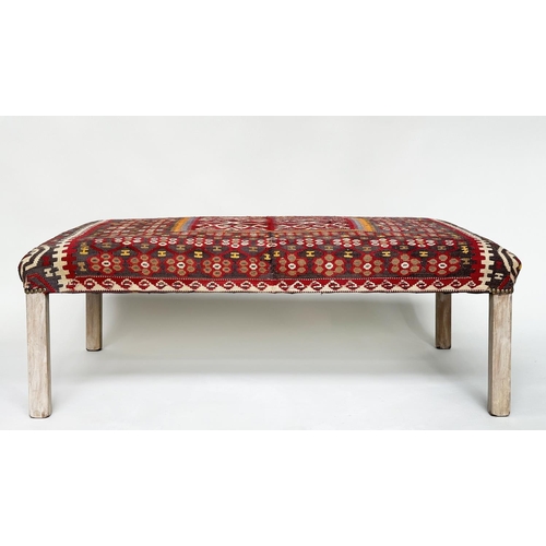 82 - KELIM HEARTH STOOL, antique mahogany rectangular kelim upholstered, 123cm W x 43cm H x 72cm D.