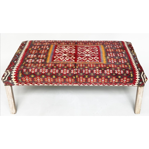 82 - KELIM HEARTH STOOL, antique mahogany rectangular kelim upholstered, 123cm W x 43cm H x 72cm D.