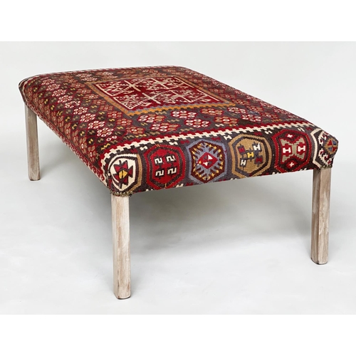 82 - KELIM HEARTH STOOL, antique mahogany rectangular kelim upholstered, 123cm W x 43cm H x 72cm D.