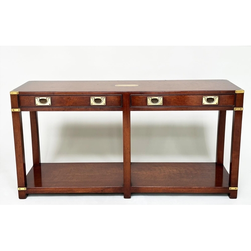 83 - CAMPAIGN STYLE HALL TABLE, mahogany and brass bound with two frieze drawers and undertier, 69cm H x ... 