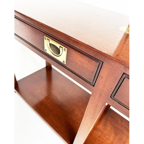 83 - CAMPAIGN STYLE HALL TABLE, mahogany and brass bound with two frieze drawers and undertier, 69cm H x ... 