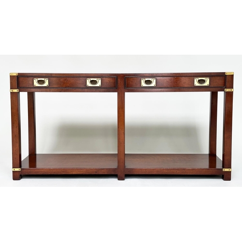 83 - CAMPAIGN STYLE HALL TABLE, mahogany and brass bound with two frieze drawers and undertier, 69cm H x ... 