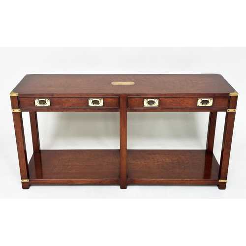 83 - CAMPAIGN STYLE HALL TABLE, mahogany and brass bound with two frieze drawers and undertier, 69cm H x ... 