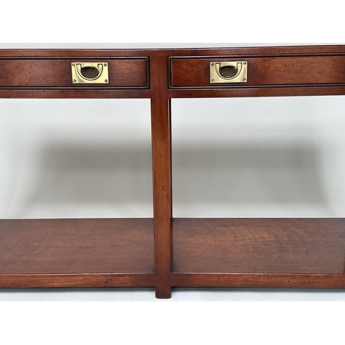 83 - CAMPAIGN STYLE HALL TABLE, mahogany and brass bound with two frieze drawers and undertier, 69cm H x ... 