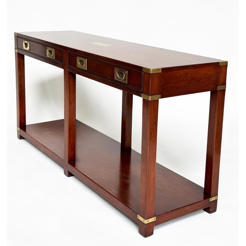 83 - CAMPAIGN STYLE HALL TABLE, mahogany and brass bound with two frieze drawers and undertier, 69cm H x ... 