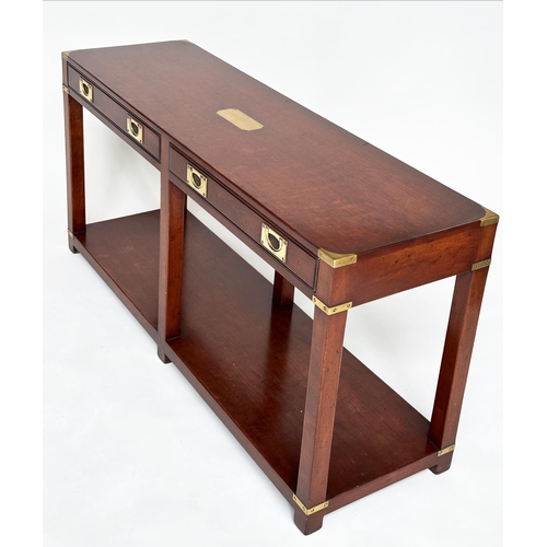 83 - CAMPAIGN STYLE HALL TABLE, mahogany and brass bound with two frieze drawers and undertier, 69cm H x ... 