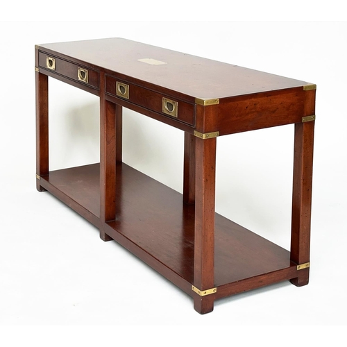 83 - CAMPAIGN STYLE HALL TABLE, mahogany and brass bound with two frieze drawers and undertier, 69cm H x ... 