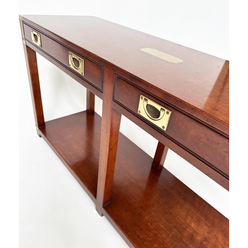 83 - CAMPAIGN STYLE HALL TABLE, mahogany and brass bound with two frieze drawers and undertier, 69cm H x ... 