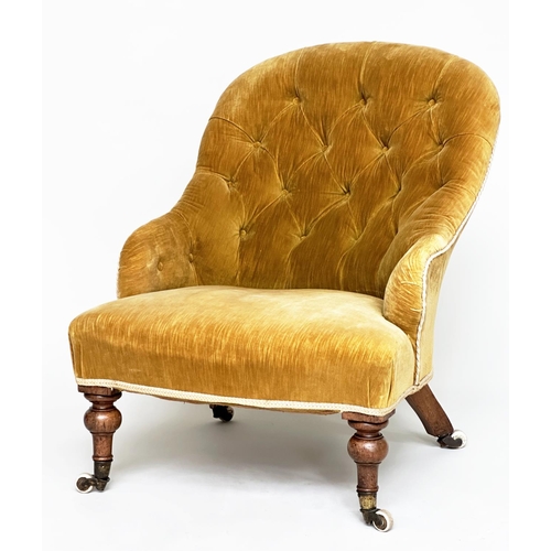 84 - SLIPPER CHAIR, Victorian walnut with primrose yellow buttoned velvet upholstery and turned front sup... 