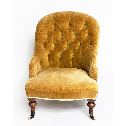 84 - SLIPPER CHAIR, Victorian walnut with primrose yellow buttoned velvet upholstery and turned front sup... 