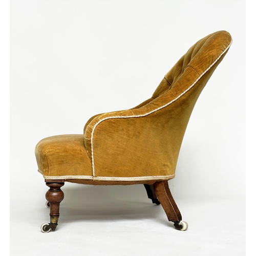 84 - SLIPPER CHAIR, Victorian walnut with primrose yellow buttoned velvet upholstery and turned front sup... 