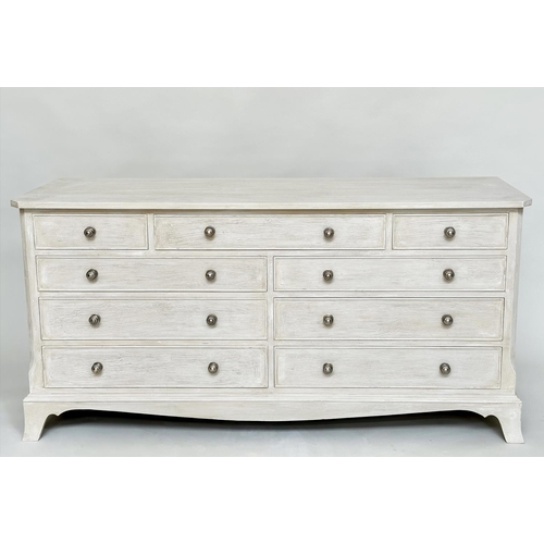 89 - LOW CHEST, Georgian style grey painted with nine drawers and swept supports, 153cm W x 48cm D x 73cm... 