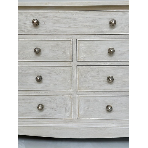 89 - LOW CHEST, Georgian style grey painted with nine drawers and swept supports, 153cm W x 48cm D x 73cm... 