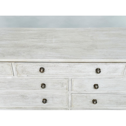 89 - LOW CHEST, Georgian style grey painted with nine drawers and swept supports, 153cm W x 48cm D x 73cm... 