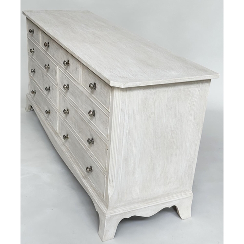 89 - LOW CHEST, Georgian style grey painted with nine drawers and swept supports, 153cm W x 48cm D x 73cm... 