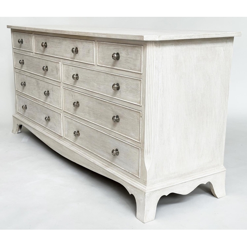 89 - LOW CHEST, Georgian style grey painted with nine drawers and swept supports, 153cm W x 48cm D x 73cm... 