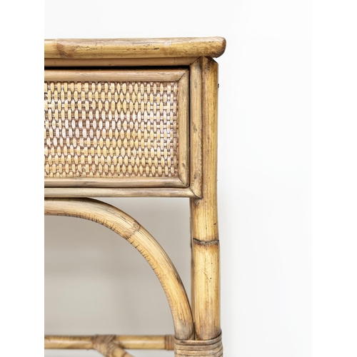 91 - BAMBOO WRITING TABLE, vintage bamboo rattan framed wicker panelled, and cane bound with frieze drawe... 