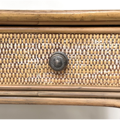 91 - BAMBOO WRITING TABLE, vintage bamboo rattan framed wicker panelled, and cane bound with frieze drawe... 